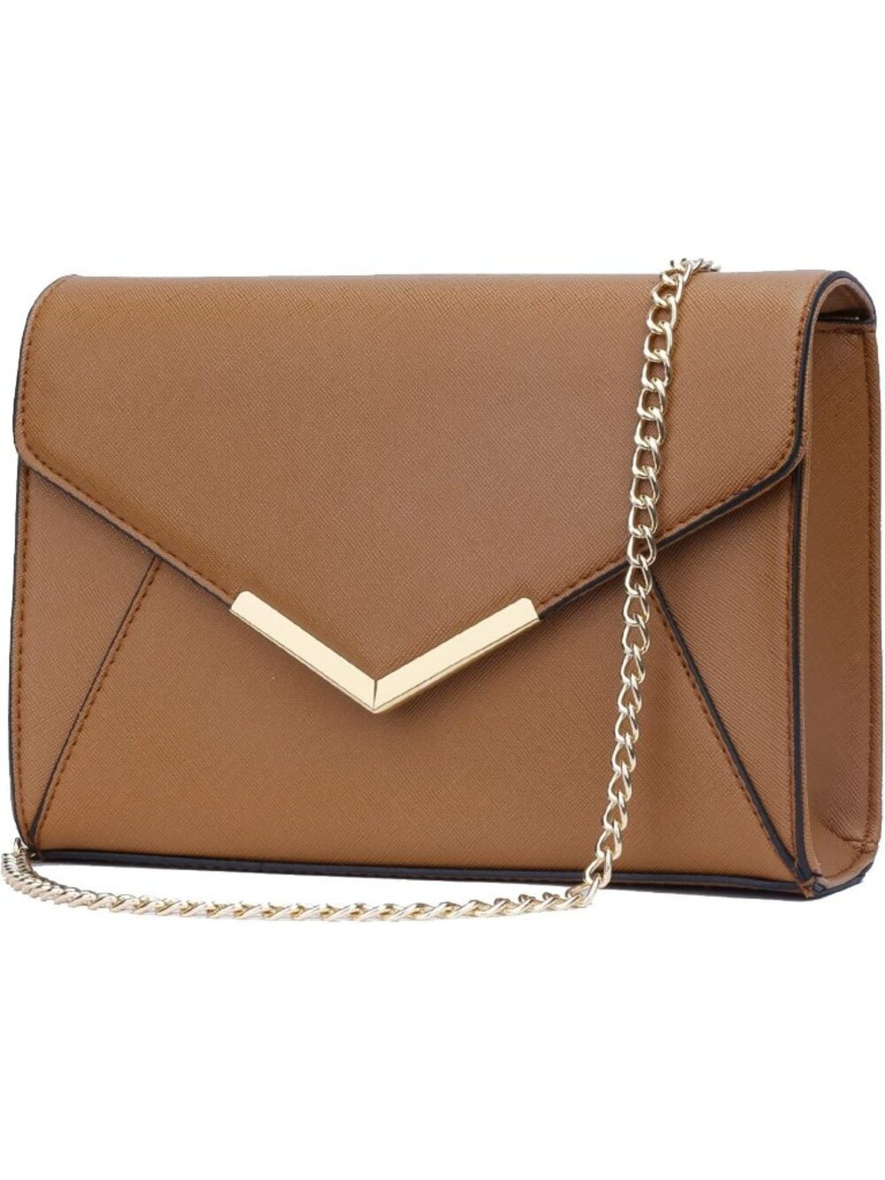 Women A Brown Faux Leather Envelope Clutch Purse Crossbody Chain Evening Bag